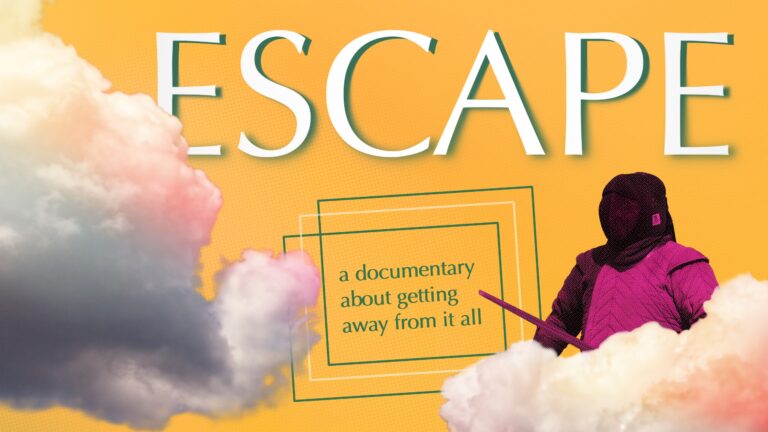 Poster with a knight floating in clouds, captioned "Escape: A documentary about getting away from it all"